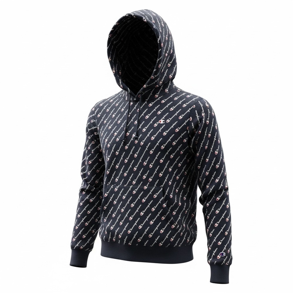 Vintage Champion Navy and White Patterned Hoodie Y2K Mens size M